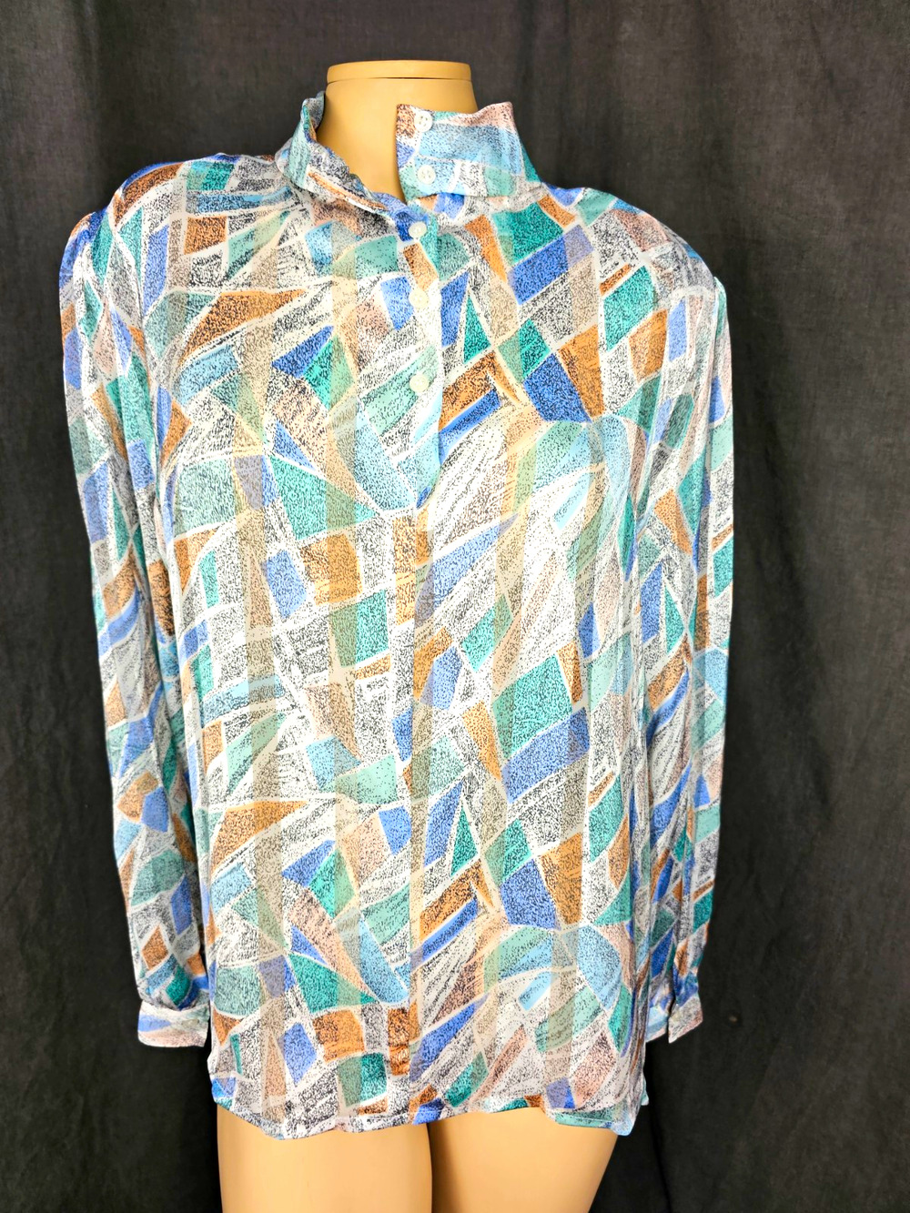 Vintage 80s Nicola Pastel Geometric Abstract Blouse Women Size 12 Long Sleeve